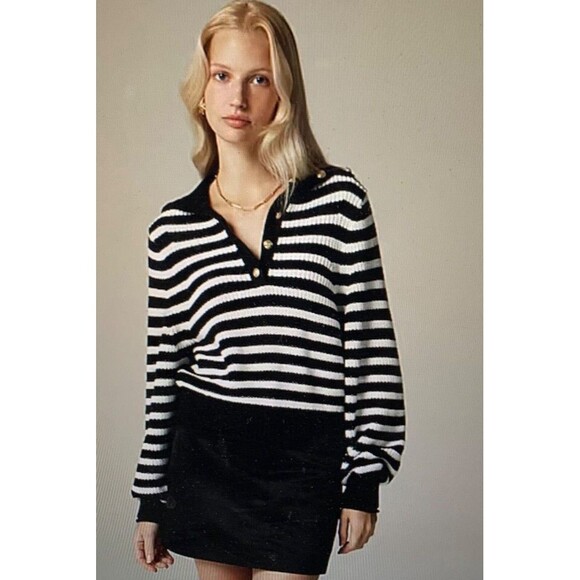 J Crew Ribbed Cotton Button Collar Sweater Black Ivory Size L  $98 NWT - Picture 1 of 1